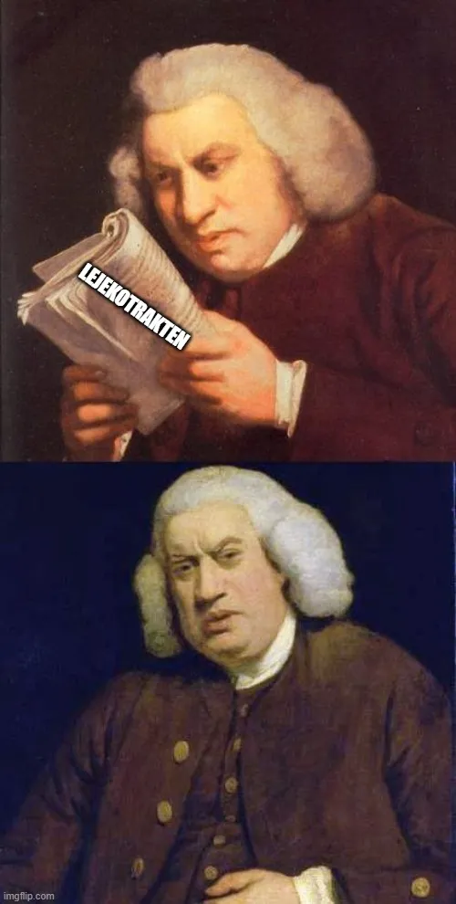 Meme with man frowning while reading contract in Danish.