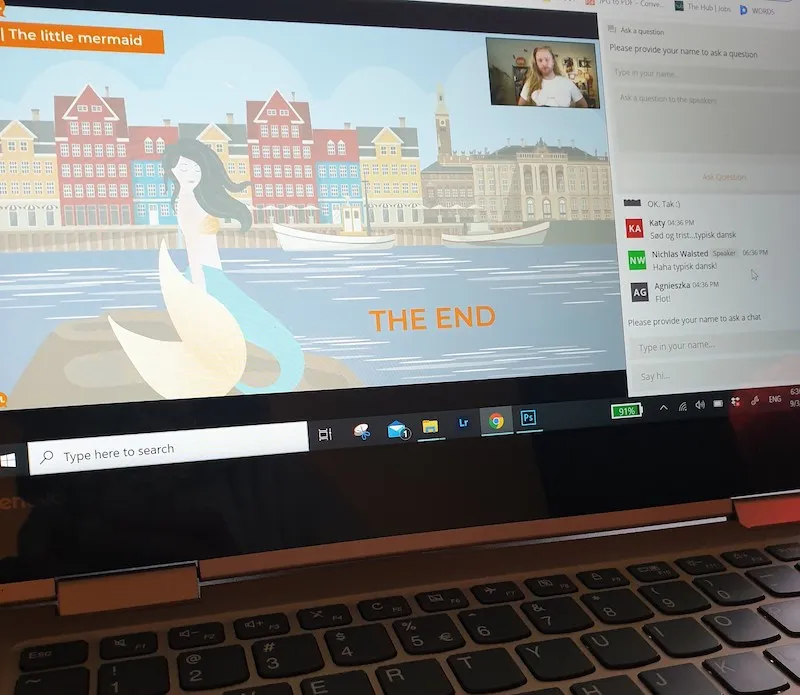 Laptop screen showing an online Danish lesson.