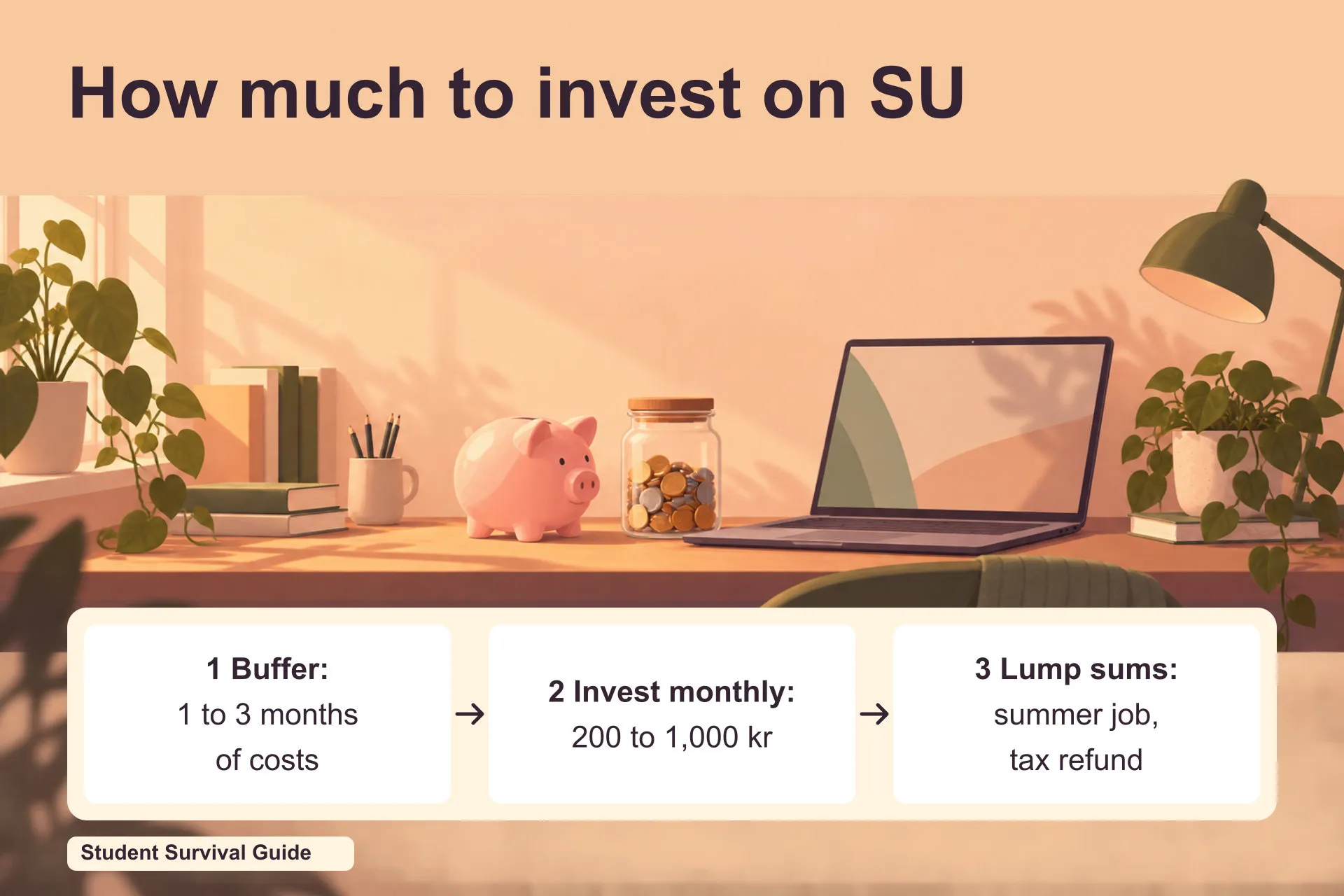 Three steps: buffer of 1 to 3 months of costs, invest 200 to 1,000 kr monthly, add lump sums from summer jobs and tax refunds