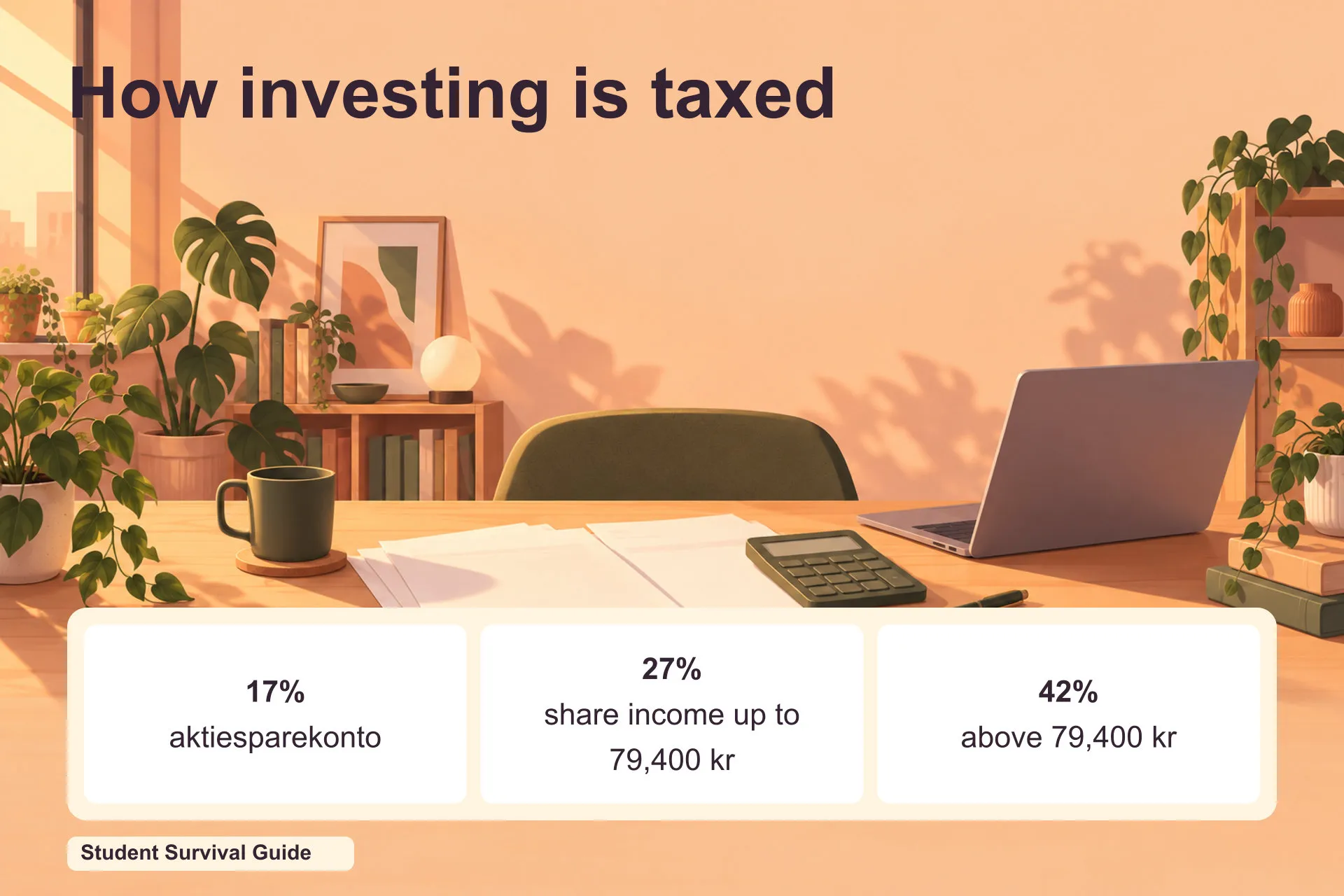Tax rates: 17% in an aktiesparekonto, 27% share income up to 79,400 kr, 42% above