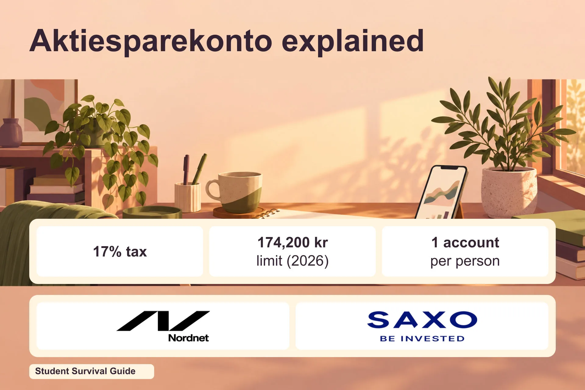 Aktiesparekonto: 17% tax, 174,200 kr limit in 2026, one account per person