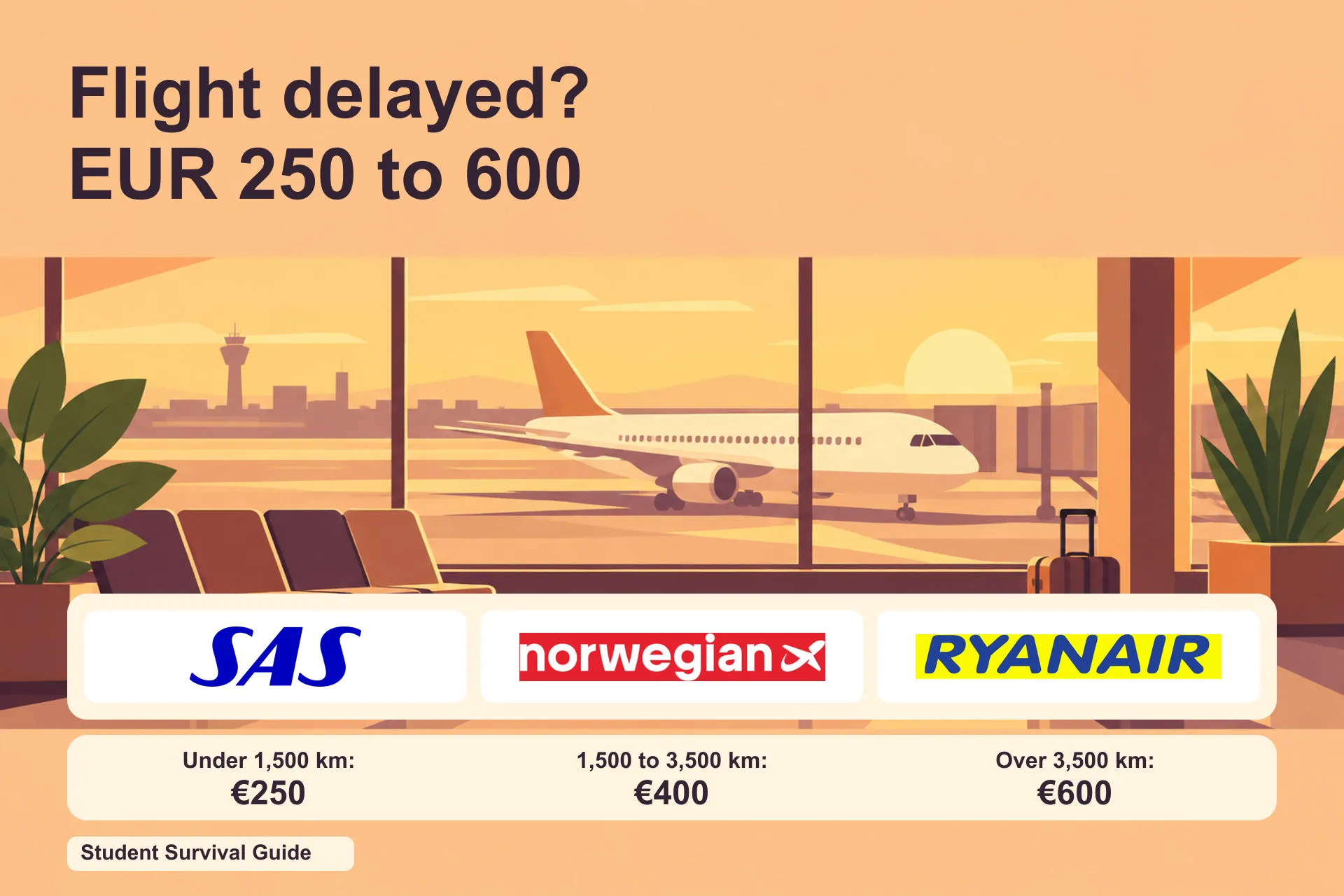 EU flight compensation: 250 euro under 1,500 km, 400 euro for 1,500 to 3,500 km, 600 euro over 3,500 km