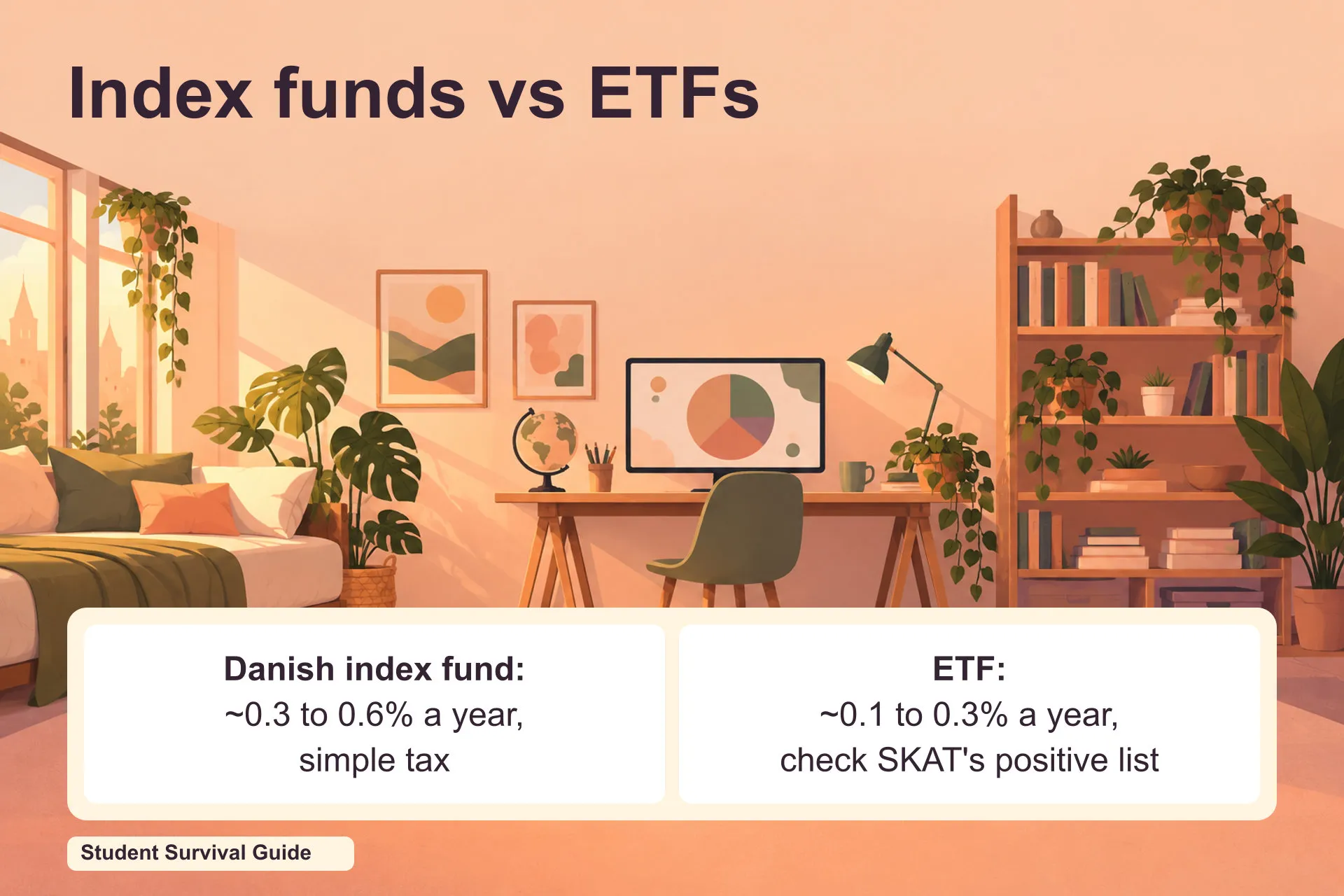 Danish index fund about 0.3 to 0.6% a year with simple tax, ETF about 0.1 to 0.3% a year, check SKAT positive list