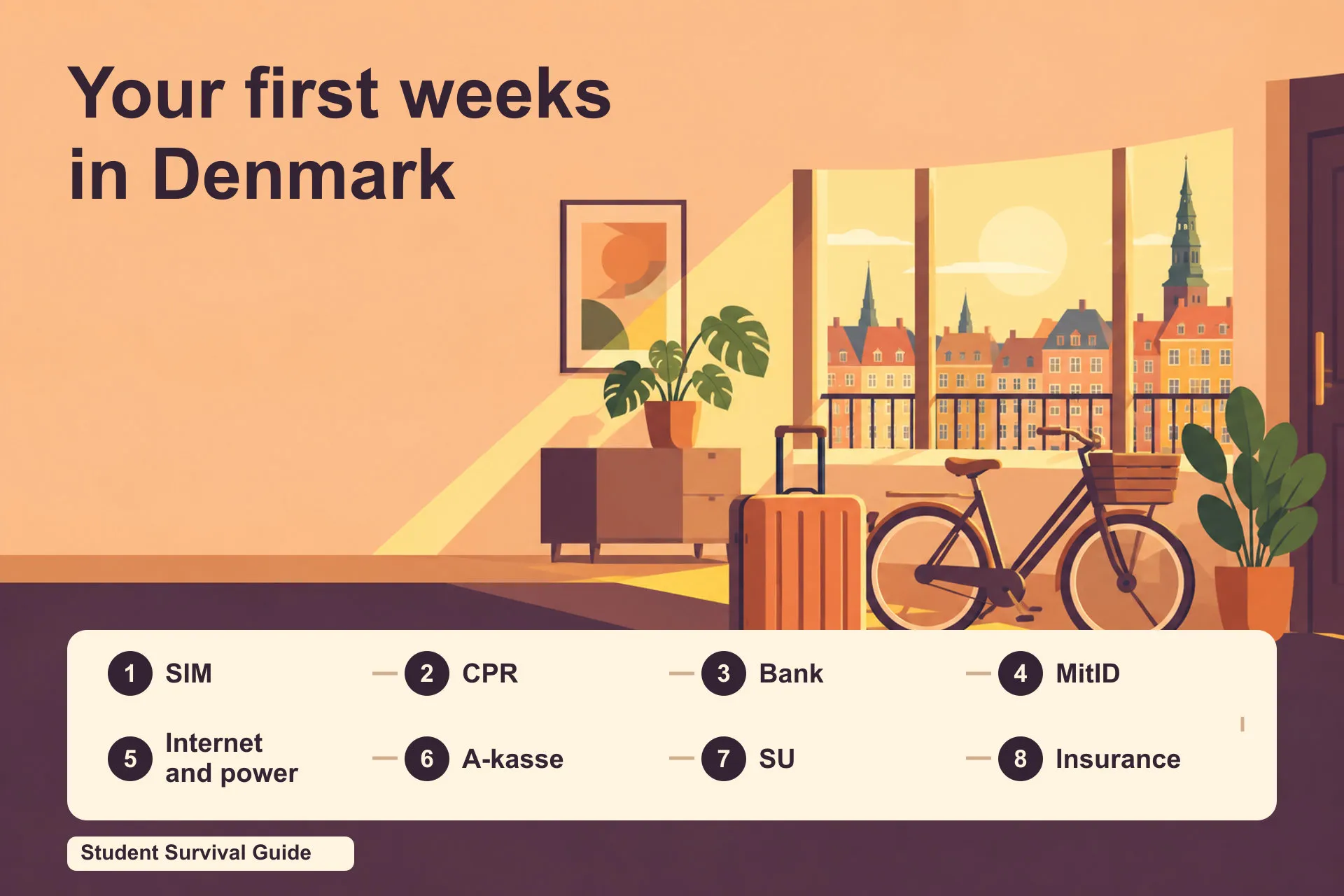 First weeks in Denmark: SIM, CPR, bank, MitID, internet and power, A-kasse, SU, insurance